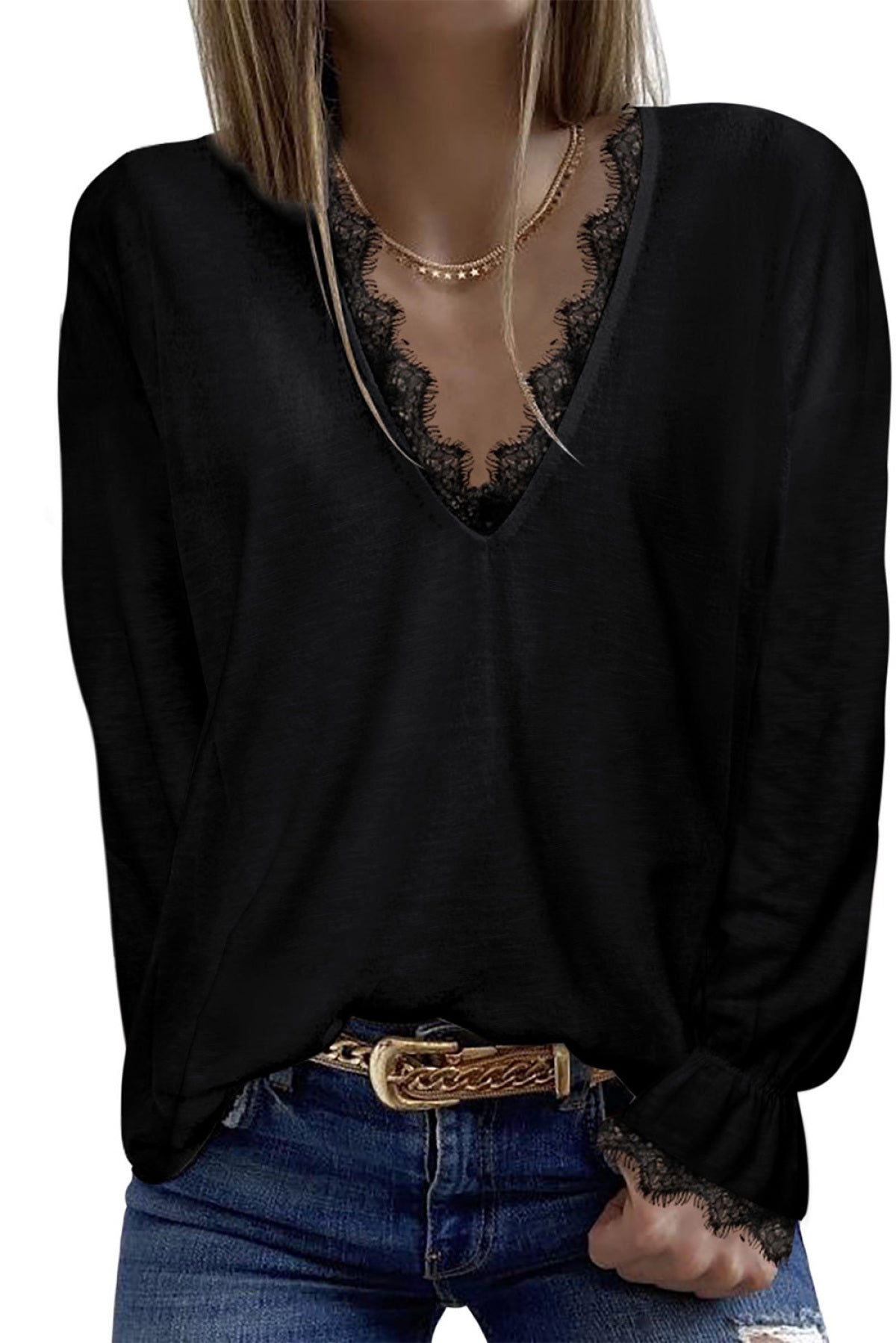 Solid Color Lace V Neck Long Sleeve Top