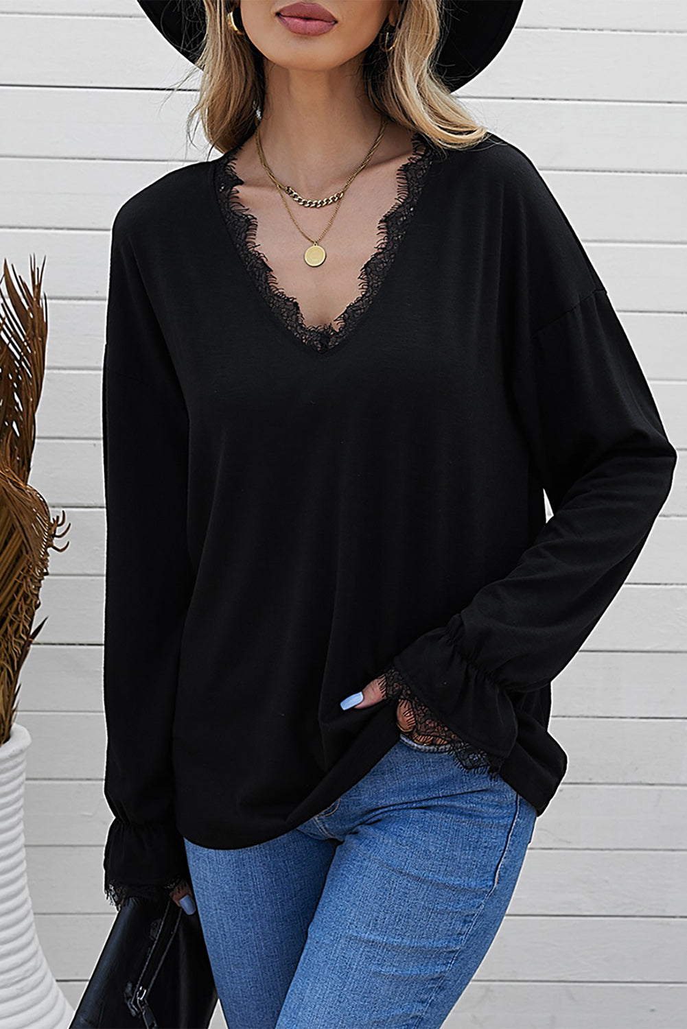 Solid Color Lace V Neck Long Sleeve Top