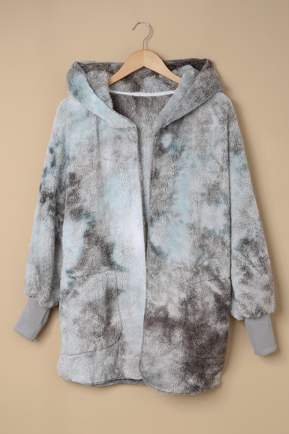 Tie Dye Soft Fleece Hooded Open Front Coat