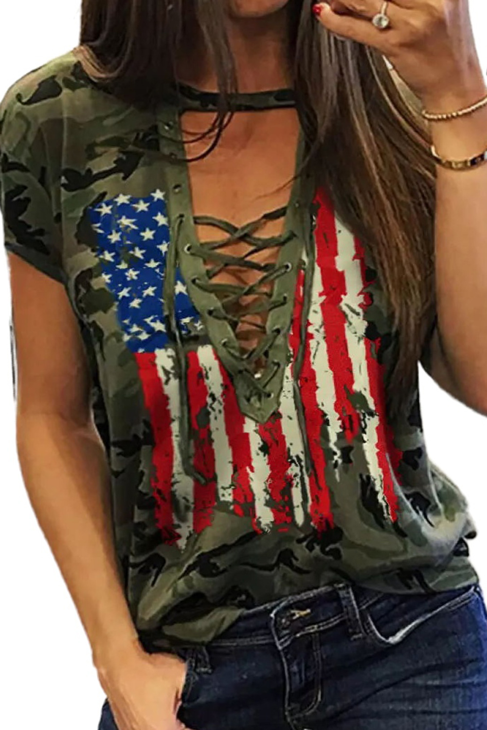 Green Camo American Flag Print Lace Up T-Shirt