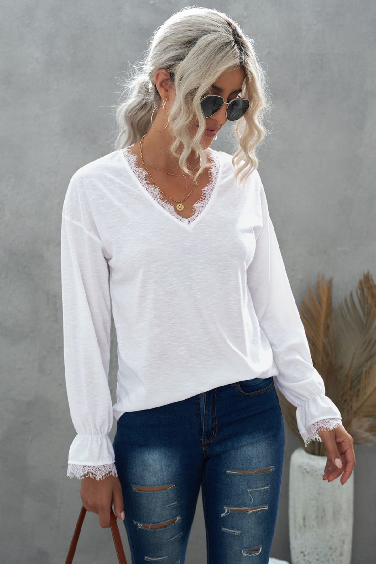 Solid Color Lace V Neck Long Sleeve Top