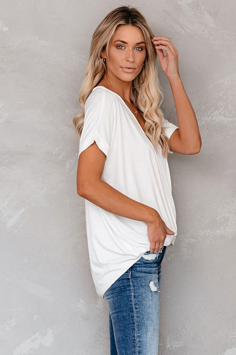 White Short Sleeves Drape Knit Top