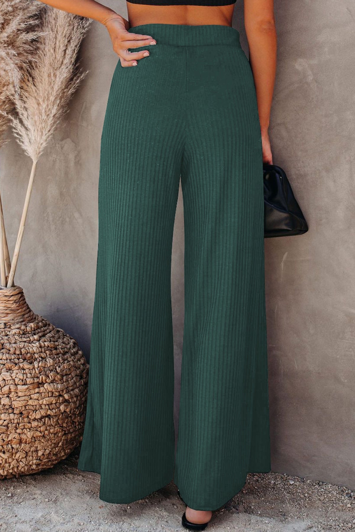 Ribbed Knit High Rise Wide Leg Pants