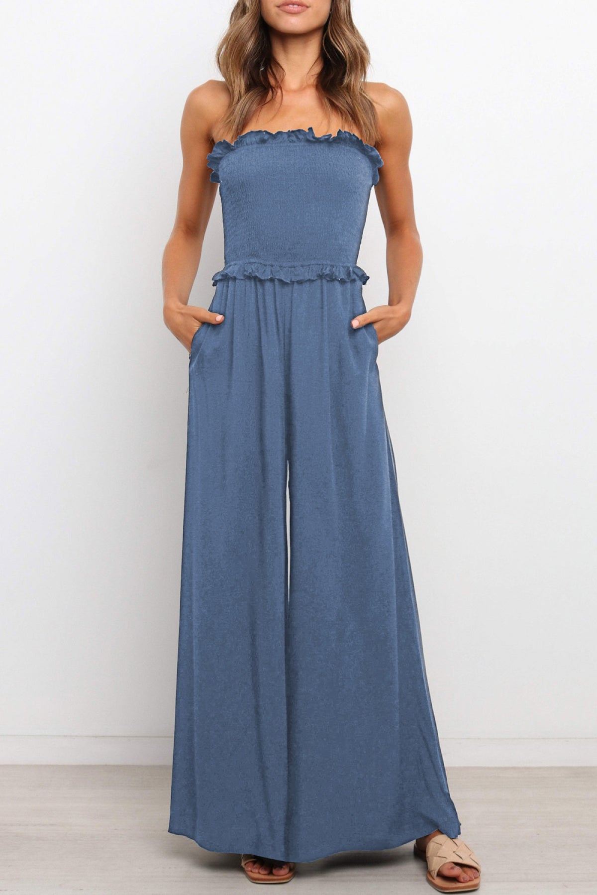 Smocked Bandeau Wide Leg Jumpsuit