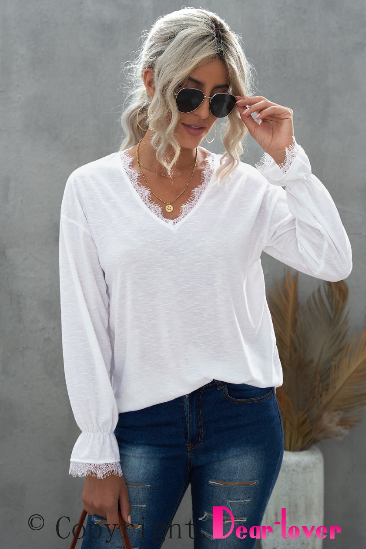 Solid Color Lace V Neck Long Sleeve Top