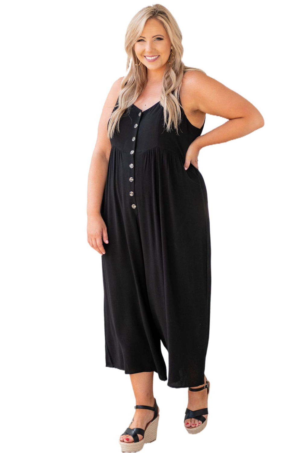 Black Buttons Sleeveless Wide Leg Plus Size Jumpsuit