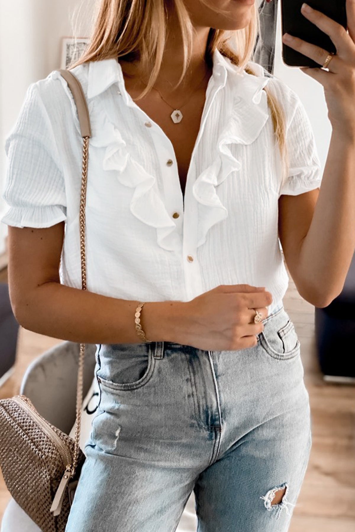 Buttoned Short Sleeves Shirt With Ruffles