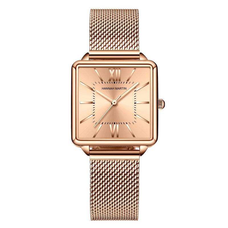 Stainless Steel Meh Strap on Square Dial Luxury Watch for Women