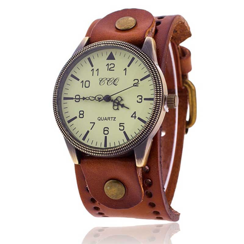 Vintage Style Large Dial with Thick Leather Strap Quartz Watches