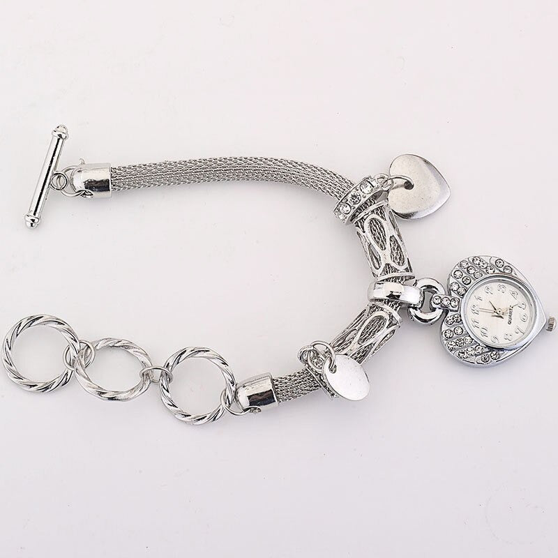 Rhinestone Love Heart Pendant Bracelet Chronograph Quartz Watches