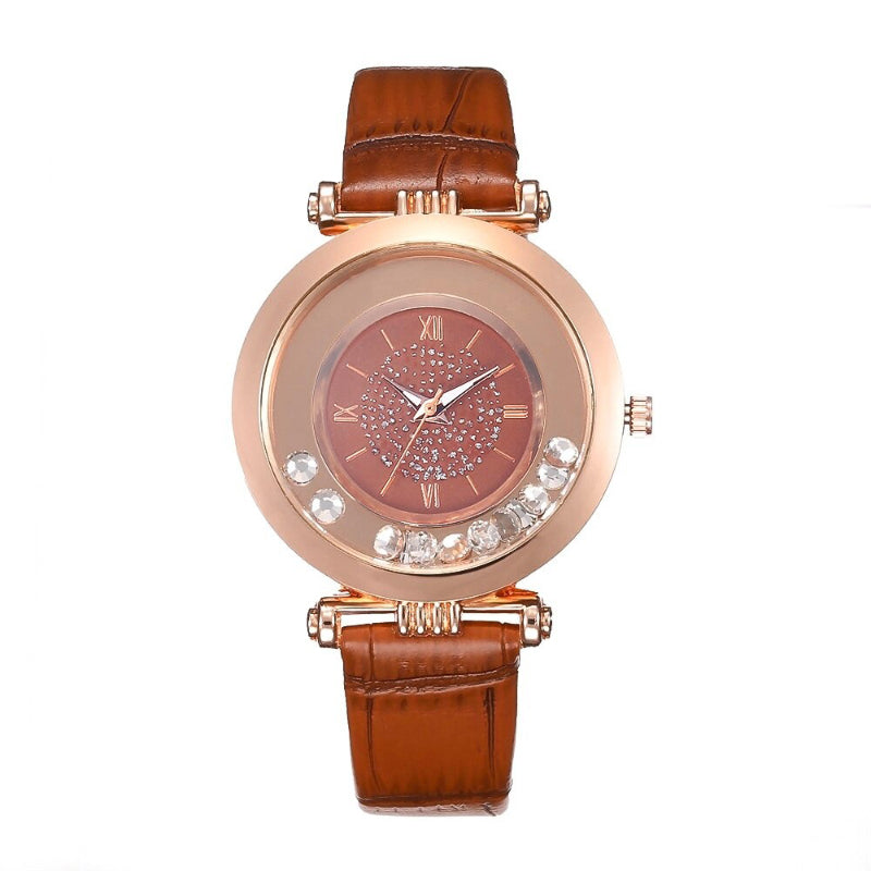 Creative Rotating Rhinestones Dial Vegan Leather Strap Quartz Wristwatches