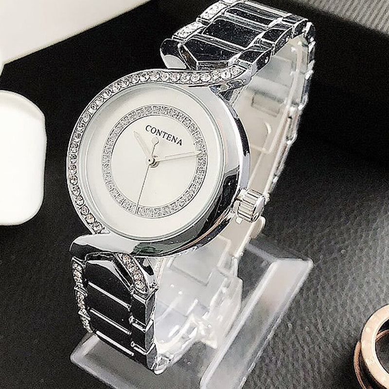 Stainless Steel Rhinestone Bejeweled Round Case Quartz Watches