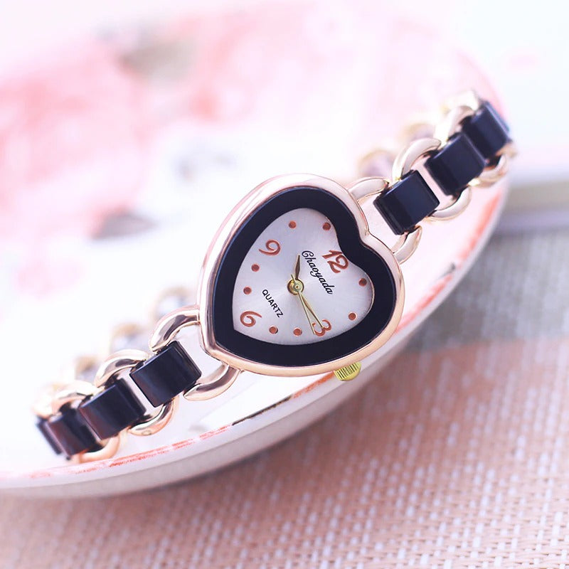 Black and White Unique Heart Shaped Dial Quartz Watch