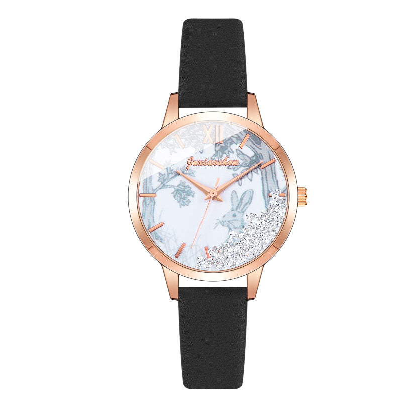 Bright-Colored Rabbit Patterned Dial with Leather Strap Quartz Watches