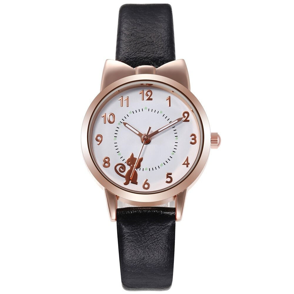 Cute Cat Pattern Bowknot Style Dial Vegan Leather Strap Quartz Watches