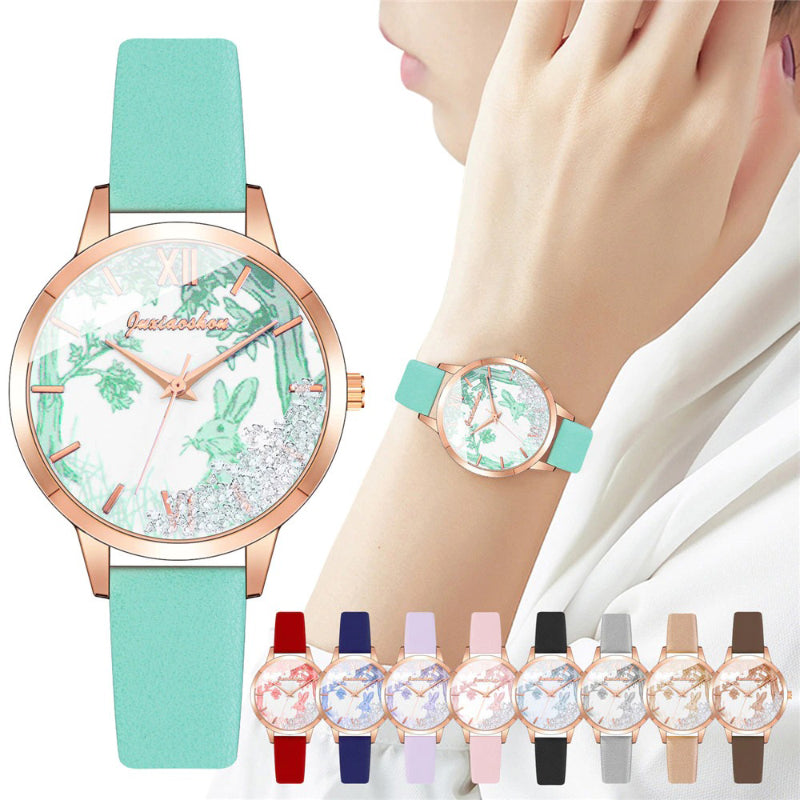 Bright-Colored Rabbit Patterned Dial with Leather Strap Quartz Watches