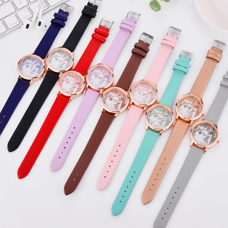 Bright-Colored Rabbit Patterned Dial with Leather Strap Quartz Watches