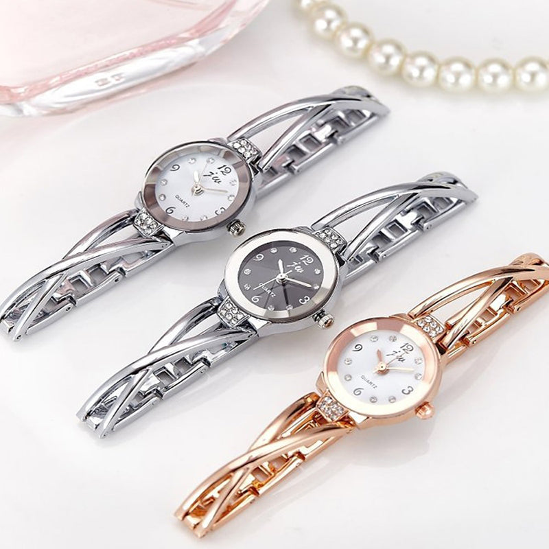 Stainless Steel Rhinestone Adorned Round-Shaped Dial Quartz Watches