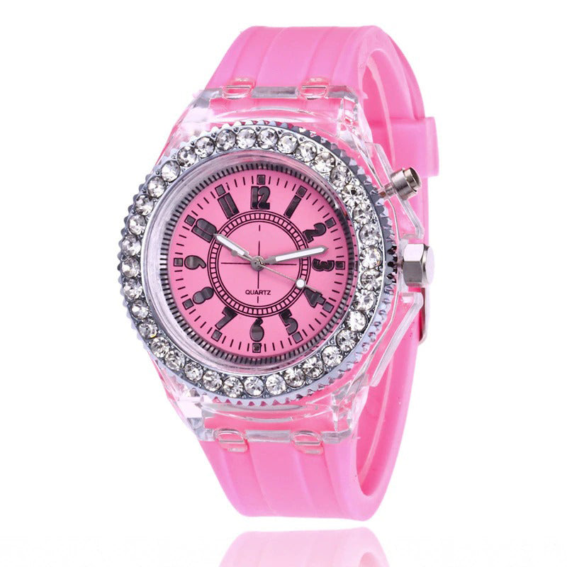 Rhinestone Adorned with LED Light Silicone Strap Quartz Watches