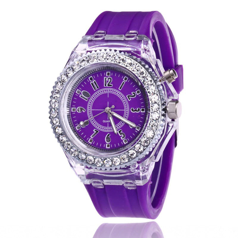 Rhinestone Adorned with LED Light Silicone Strap Quartz Watches