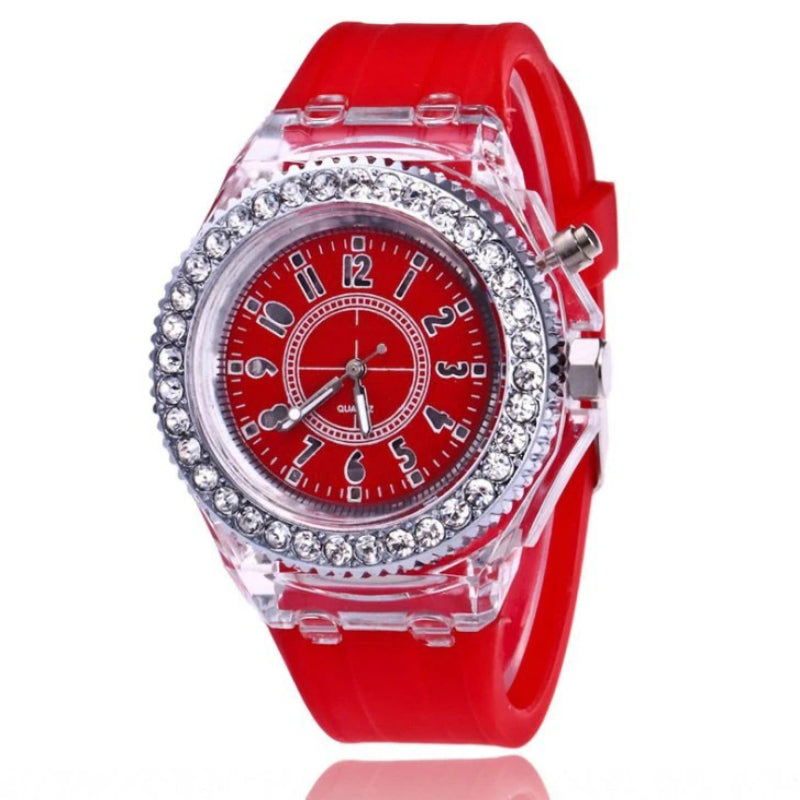 Rhinestone Adorned with LED Light Silicone Strap Quartz Watches