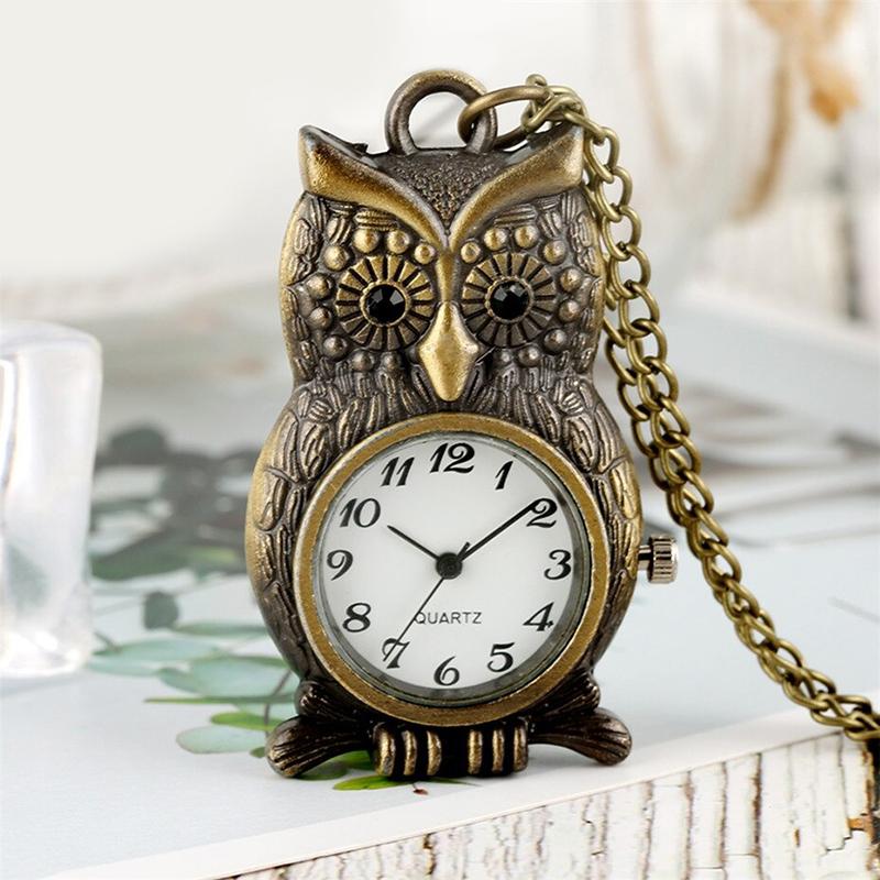 Vintage Bronze Owl Shape Quartz Pocket Watch