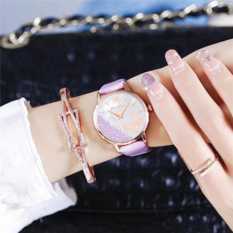 Sophisticated Candy-Colored Beads and Butterfly with Vegan Leather Strap Quartz Watches