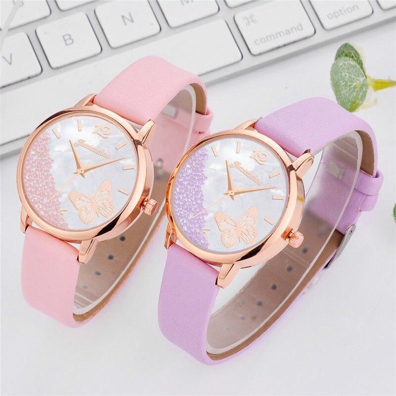 Sophisticated Candy-Colored Beads and Butterfly with Vegan Leather Strap Quartz Watches