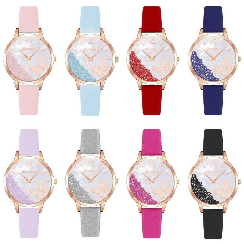 Sophisticated Candy-Colored Beads and Butterfly with Vegan Leather Strap Quartz Watches