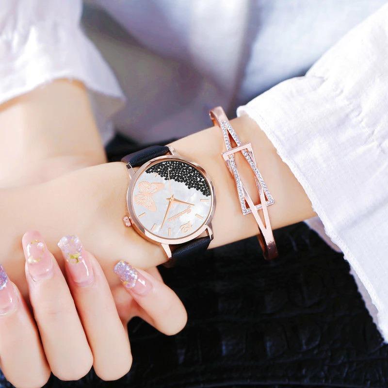 Sophisticated Candy-Colored Beads and Butterfly with Vegan Leather Strap Quartz Watches