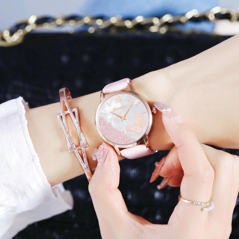 Sophisticated Candy-Colored Beads and Butterfly with Vegan Leather Strap Quartz Watches