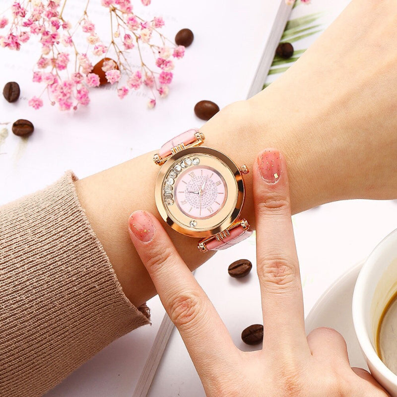 Creative Rotating Rhinestones Dial Vegan Leather Strap Quartz Wristwatches