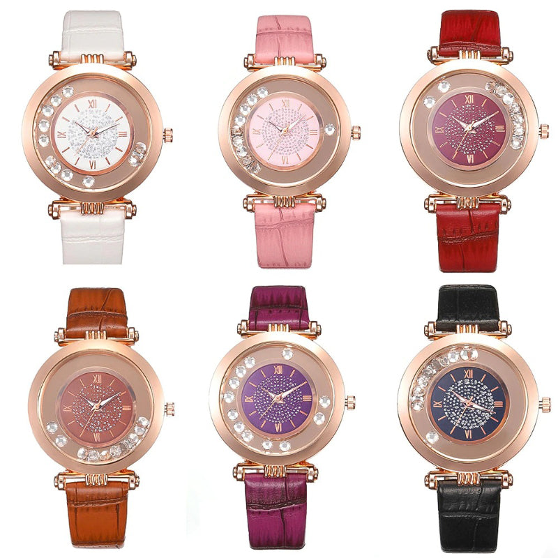 Creative Rotating Rhinestones Dial Vegan Leather Strap Quartz Wristwatches