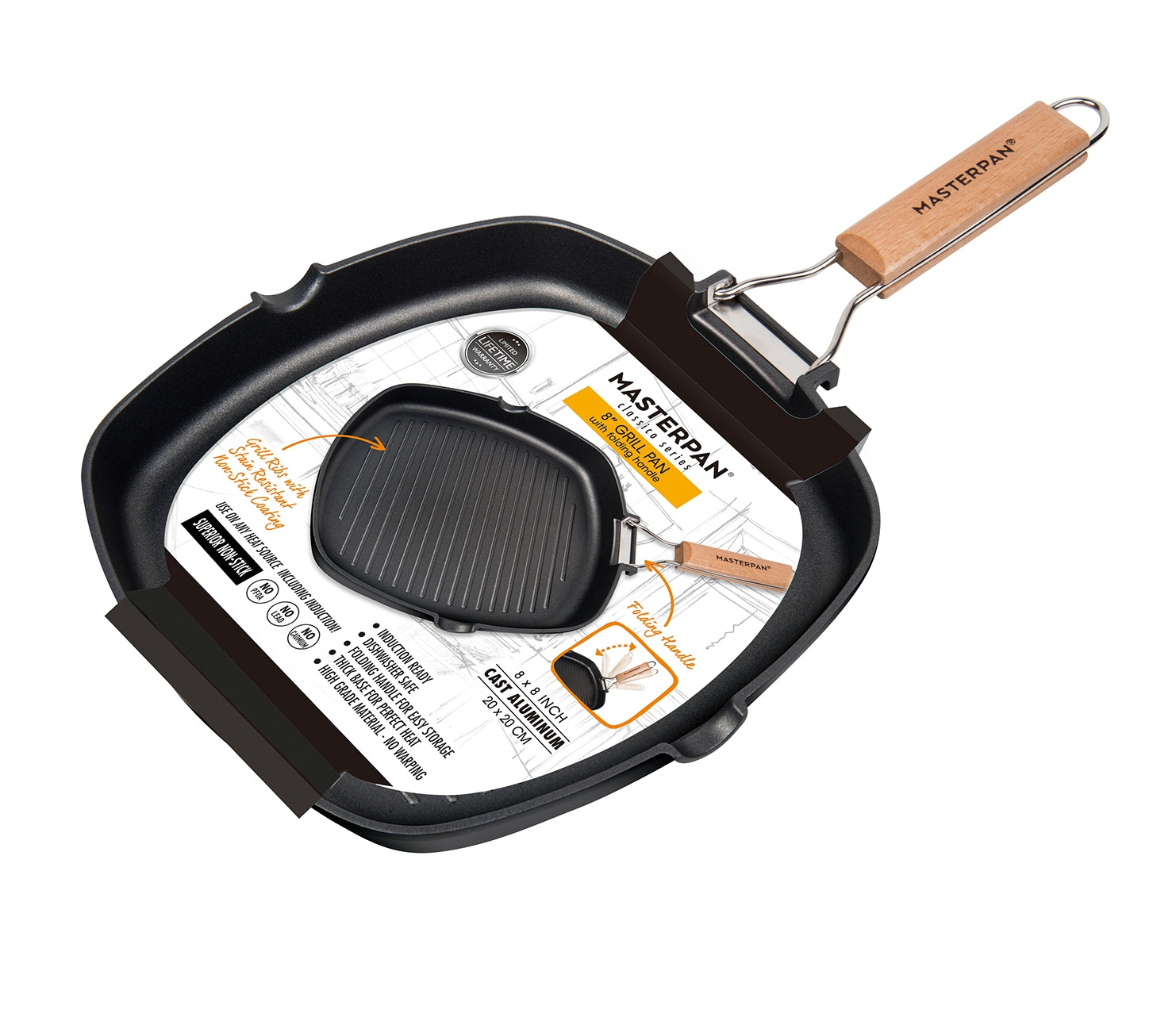 MASTERPAN Nonstick Grill Pan with Folding Handle, 8