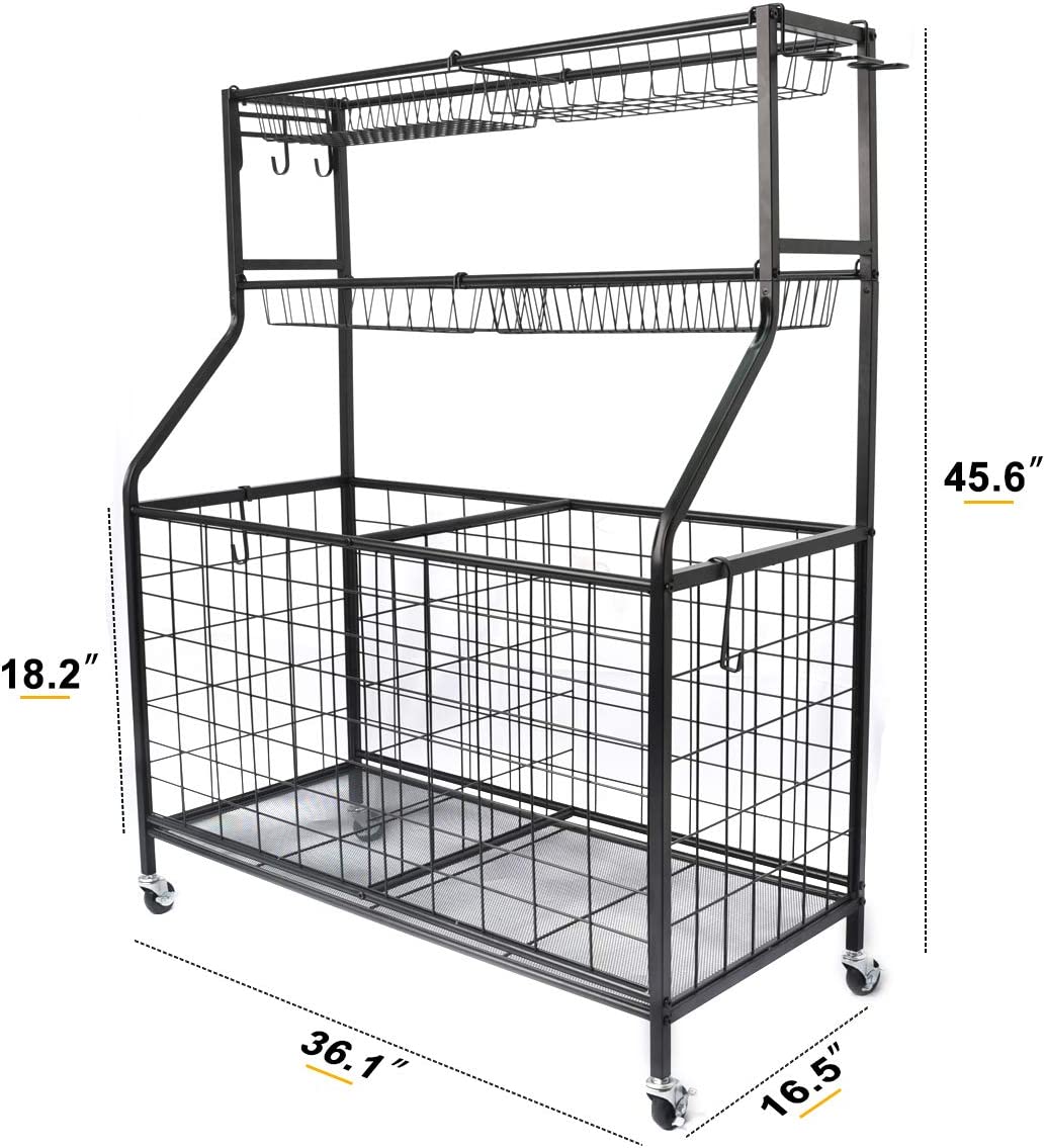 Sports Equipment Organizer, Sports Gear Basketball Storage with Baskets and Hooks,Ball Storage Rack, Garage Ball Storage, Sports Gear Storage,Rolling Sports Ball Storage Cart, Black