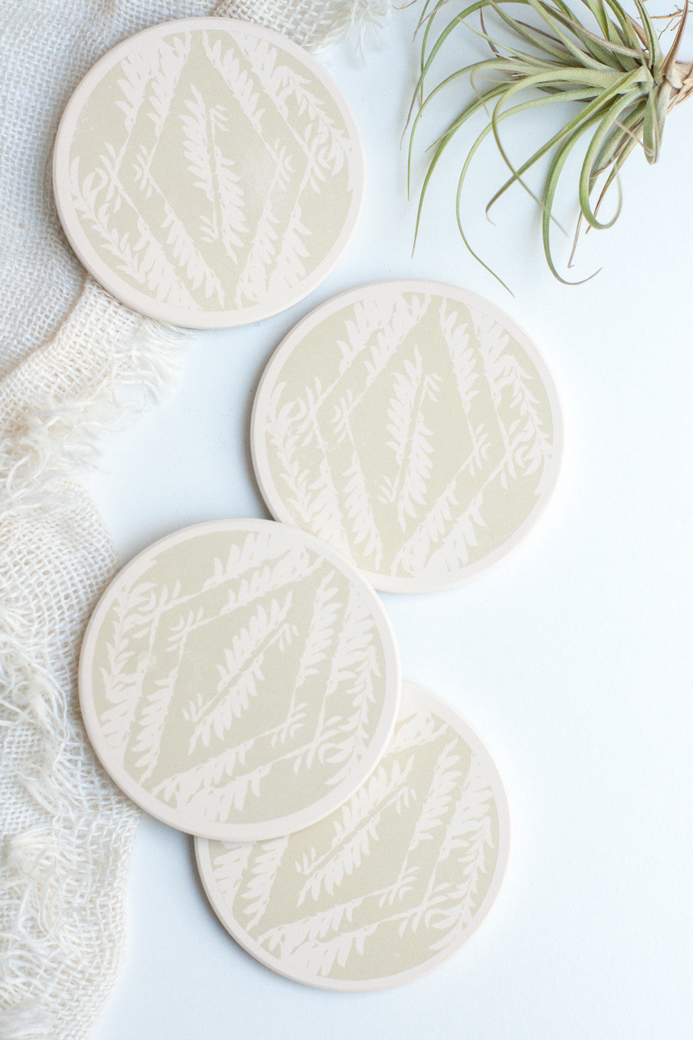 Ceramic Coasters, Pale Sage Feathers