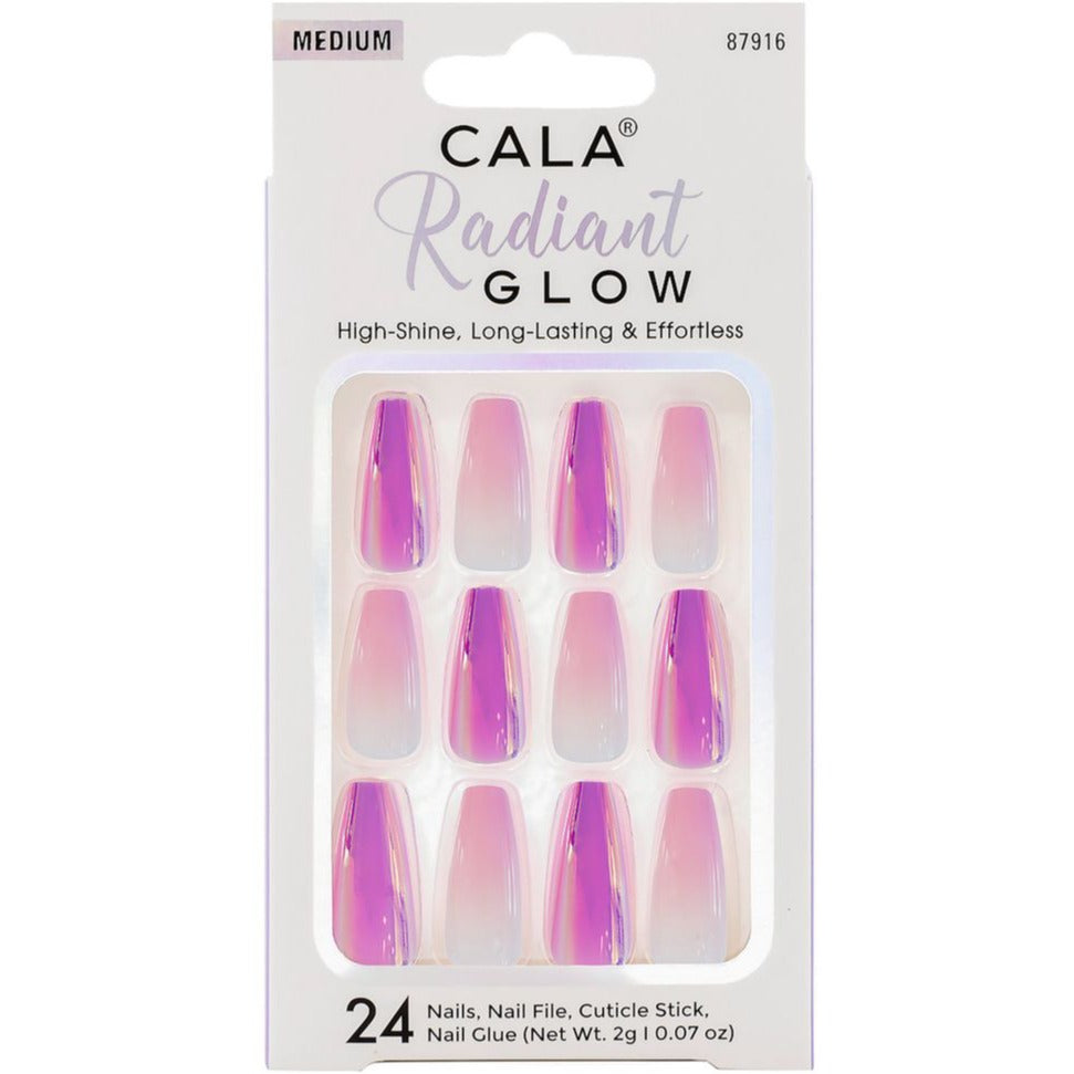Cala Radiant Glow: Fuchsia/Purple Chrome Medium coffin Press On Nails