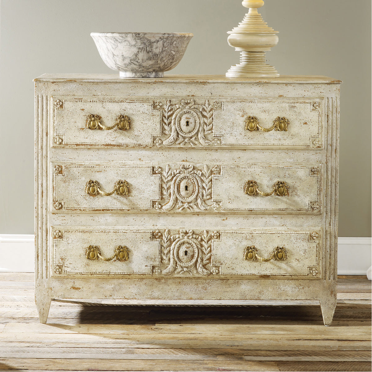  Modern History Carved and Painted 3-Drawer Chest 