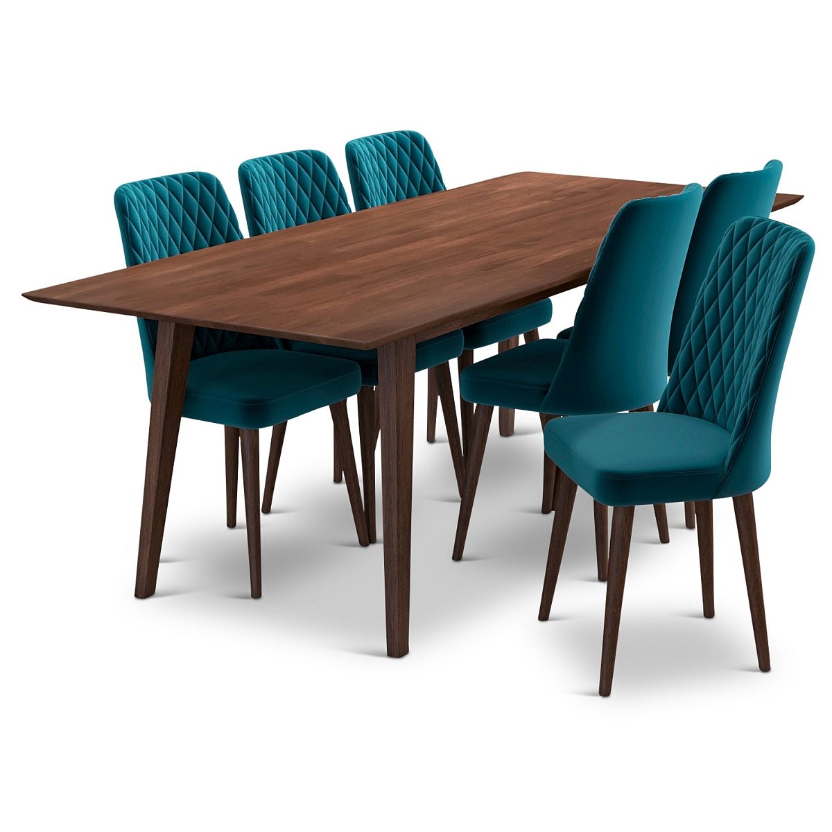 Adira (XLarge - Walnut) Dining Set with 6 Evette (Teal Velvet) Dining Chairs