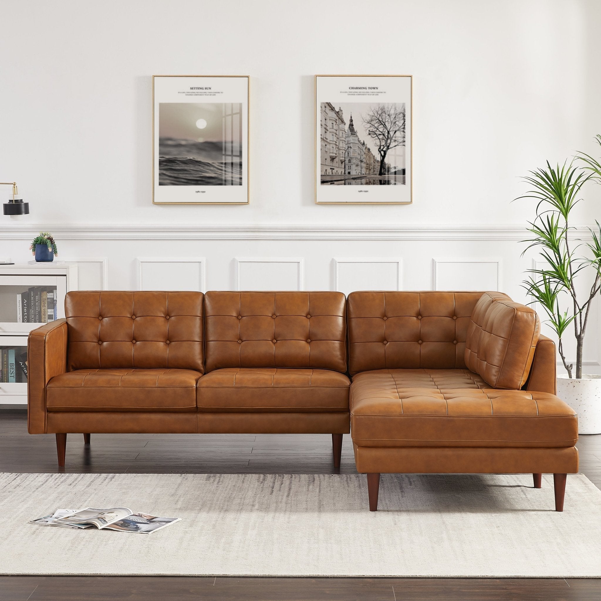 Lugano L-Shaped Genuine Leather Right-Facing Sectional Sofa Cognac