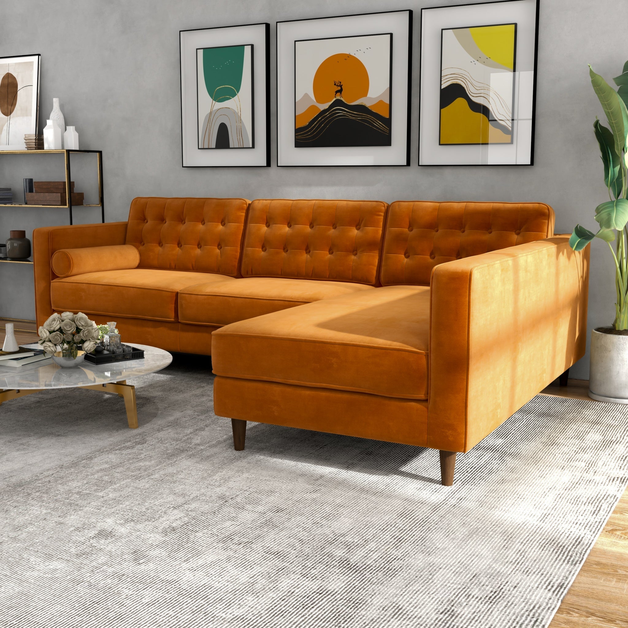 Olson Sectional Sofa Burnt Orange Velvet Right Chaise