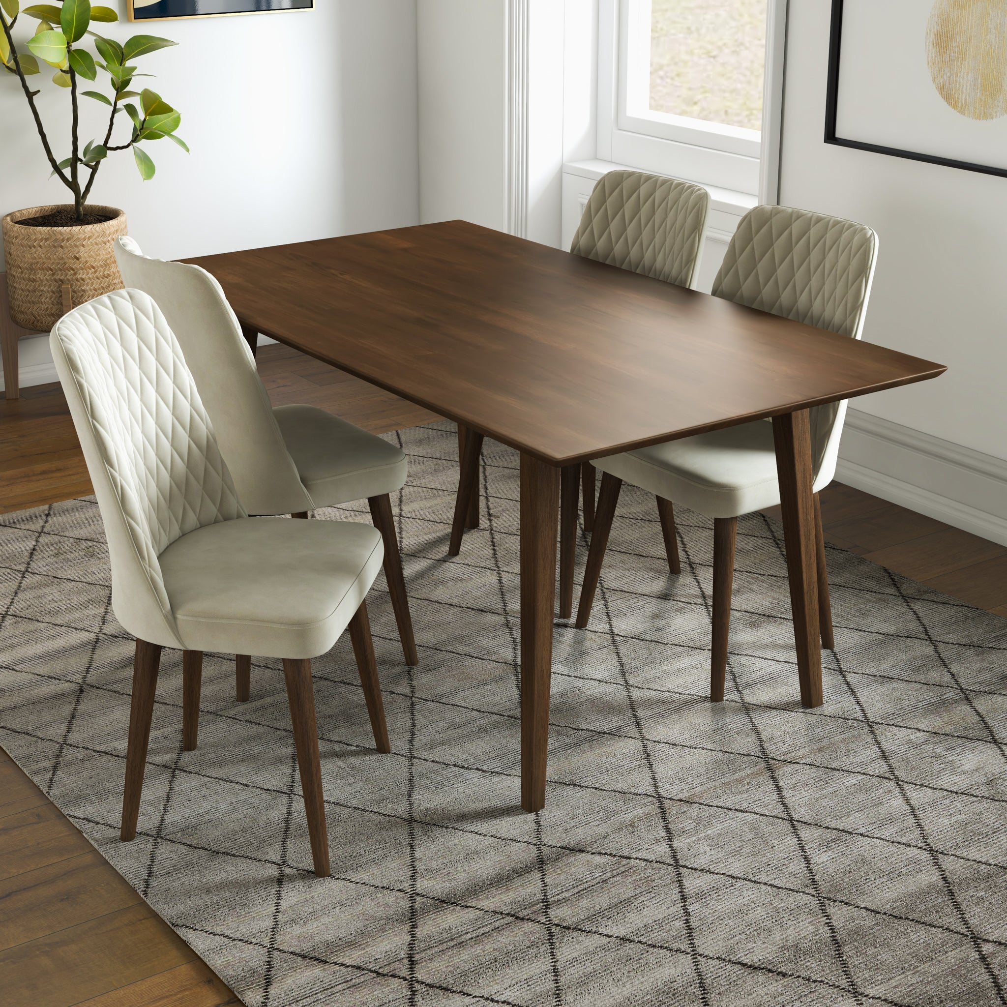 Adira (Large - Walnut) Dining Set with 4 Evette (Beige Velvet) Dining Chairs