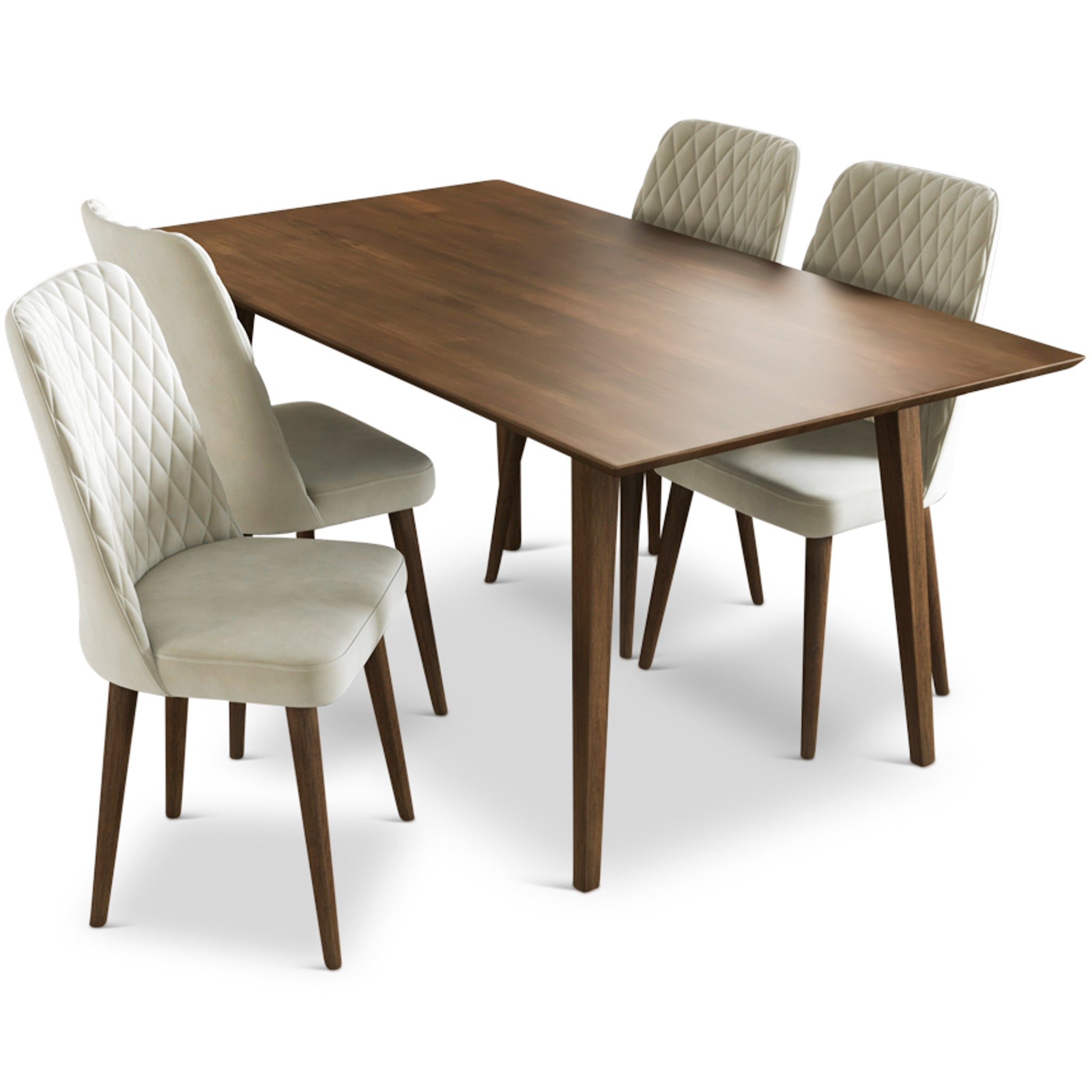 Adira (Large - Walnut) Dining Set with 4 Evette (Beige Velvet) Dining Chairs