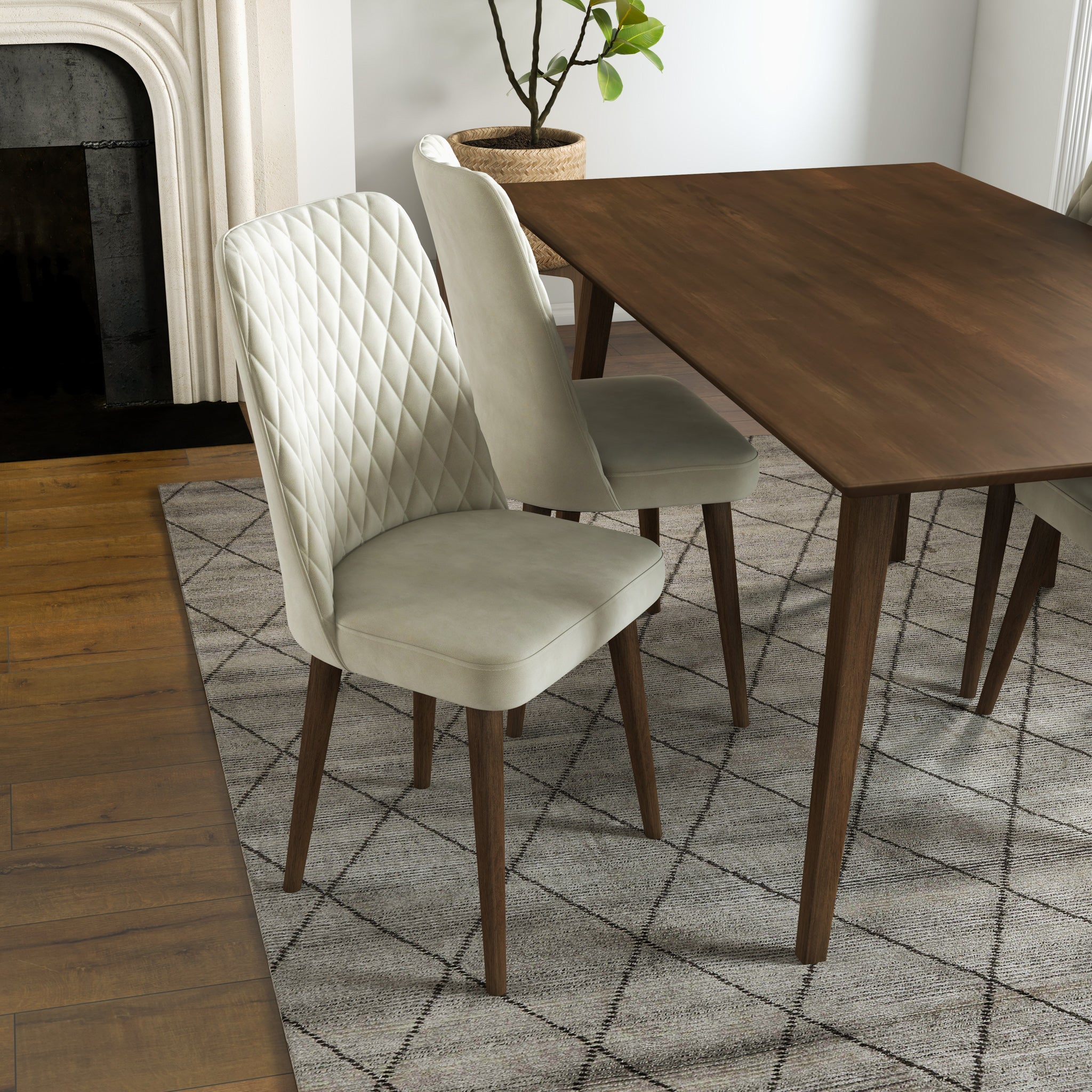 Adira (Large - Walnut) Dining Set with 4 Evette (Beige Velvet) Dining Chairs