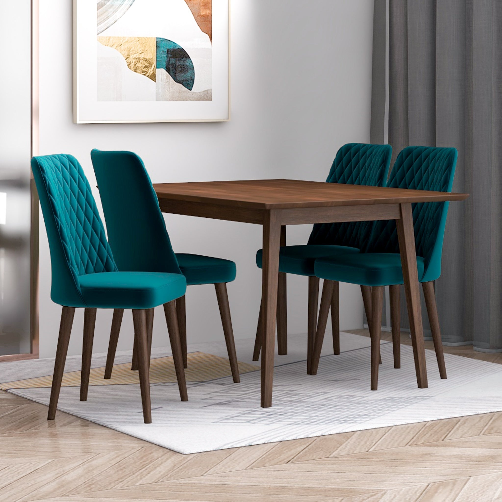 Alpine (Small - Walnut) Dining Set with 4 Evette (Teal Velvet) Dining Chairs