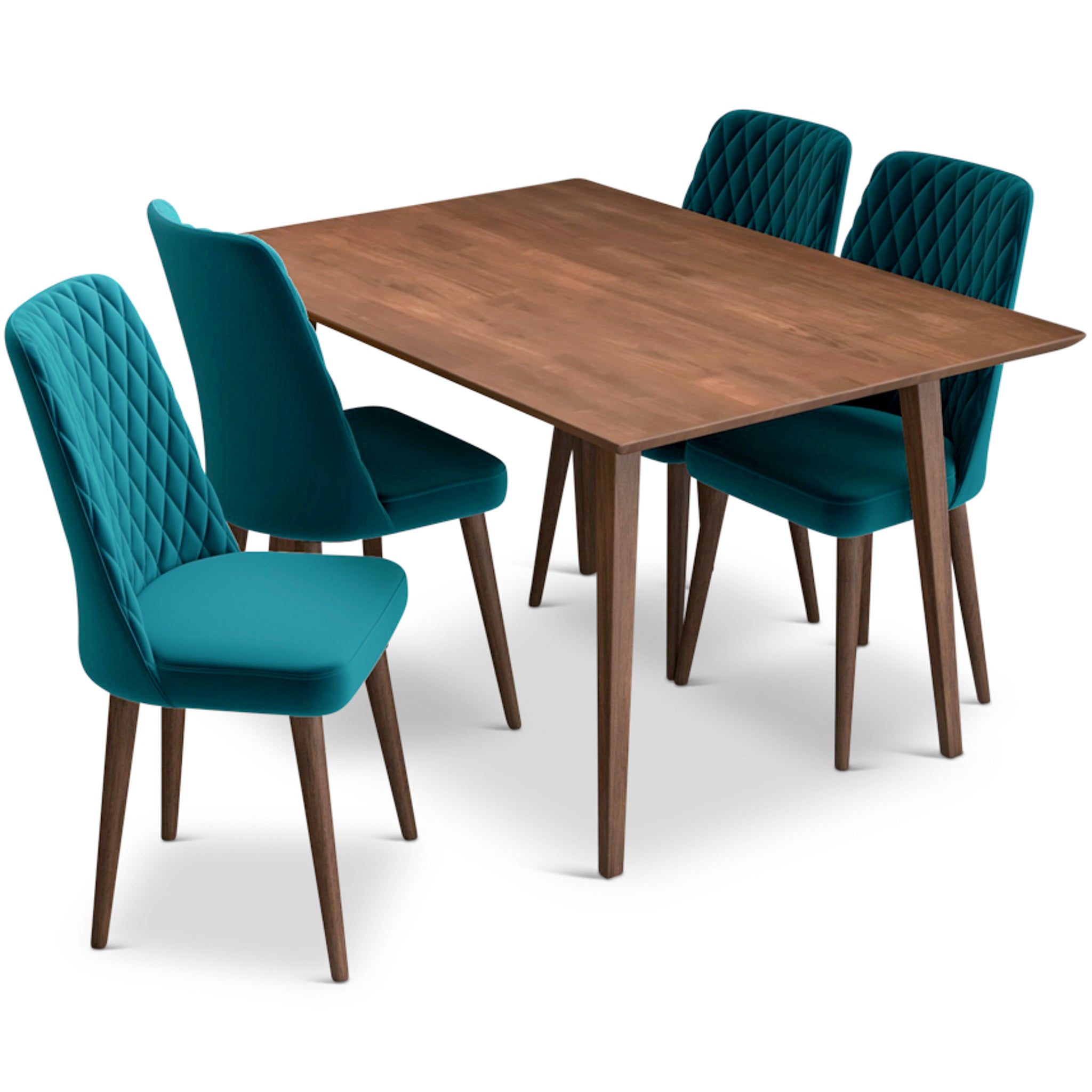 Alpine (Small - Walnut) Dining Set with 4 Evette (Teal Velvet) Dining Chairs