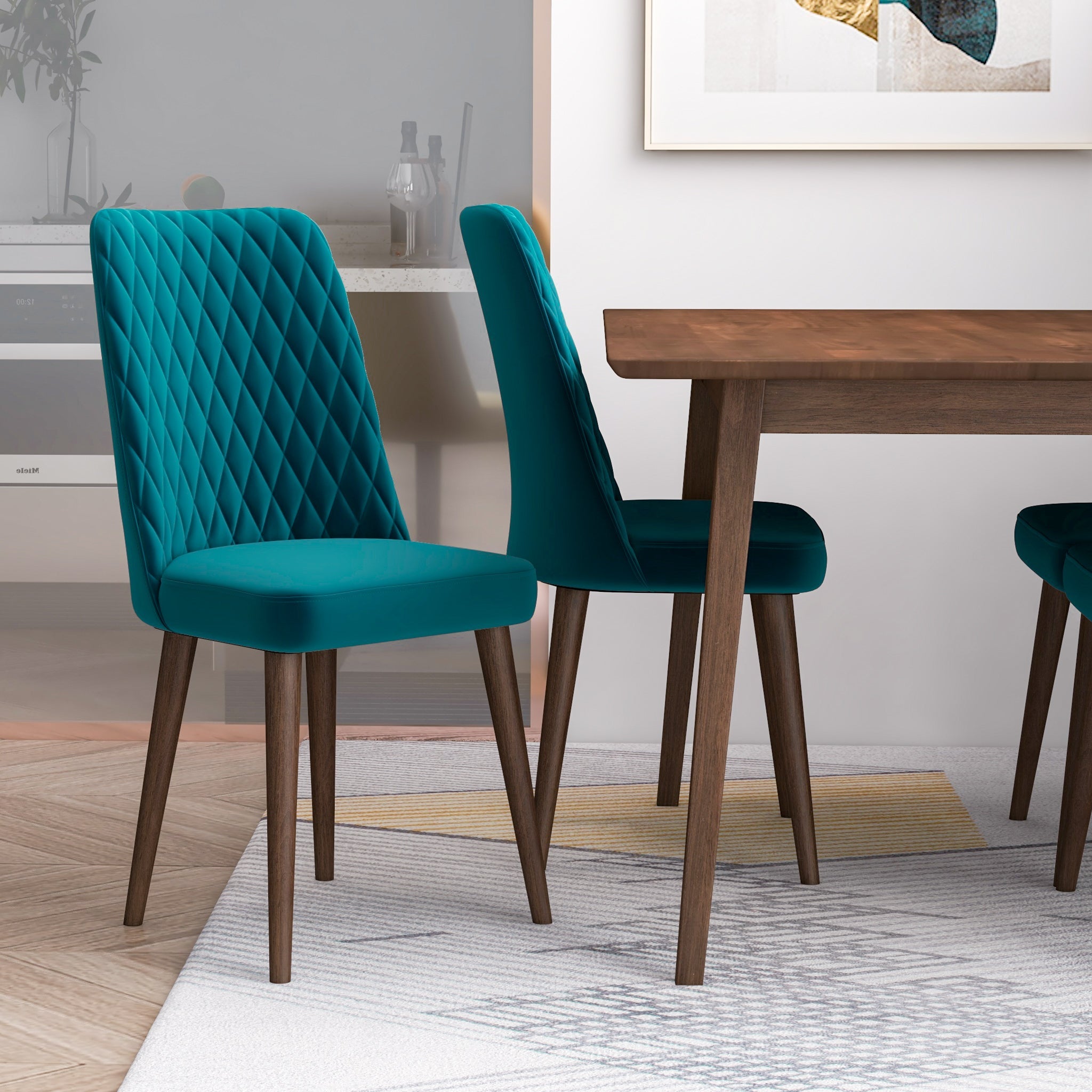 Alpine (Small - Walnut) Dining Set with 4 Evette (Teal Velvet) Dining Chairs
