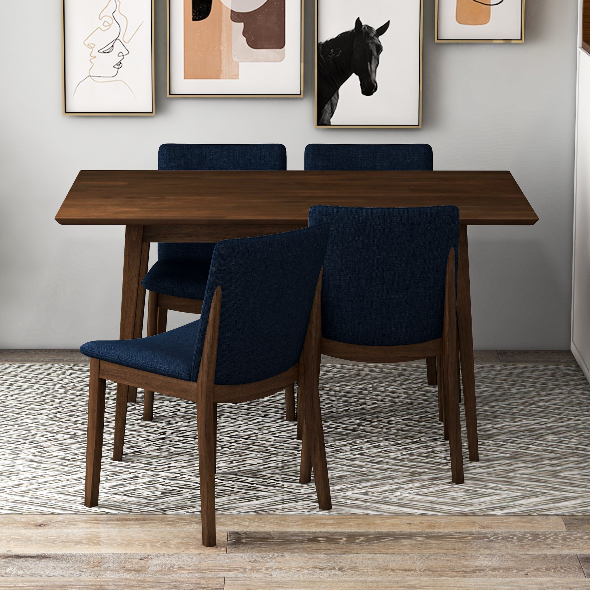 Adira (Small - Walnut) Dining Set with 4 Virginia (Dark Blue) Dining Chairs