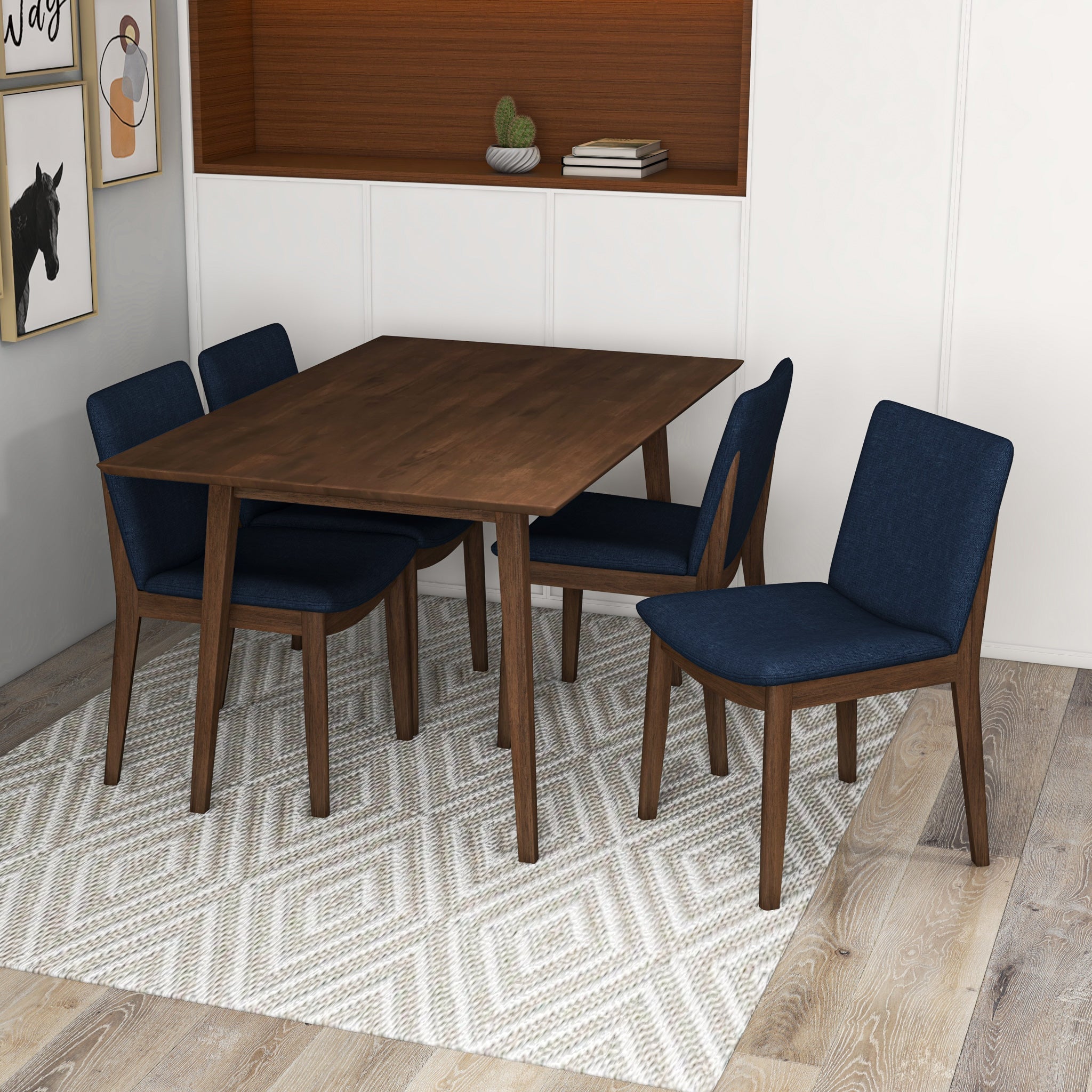Adira (Small - Walnut) Dining Set with 4 Virginia (Dark Blue) Dining Chairs