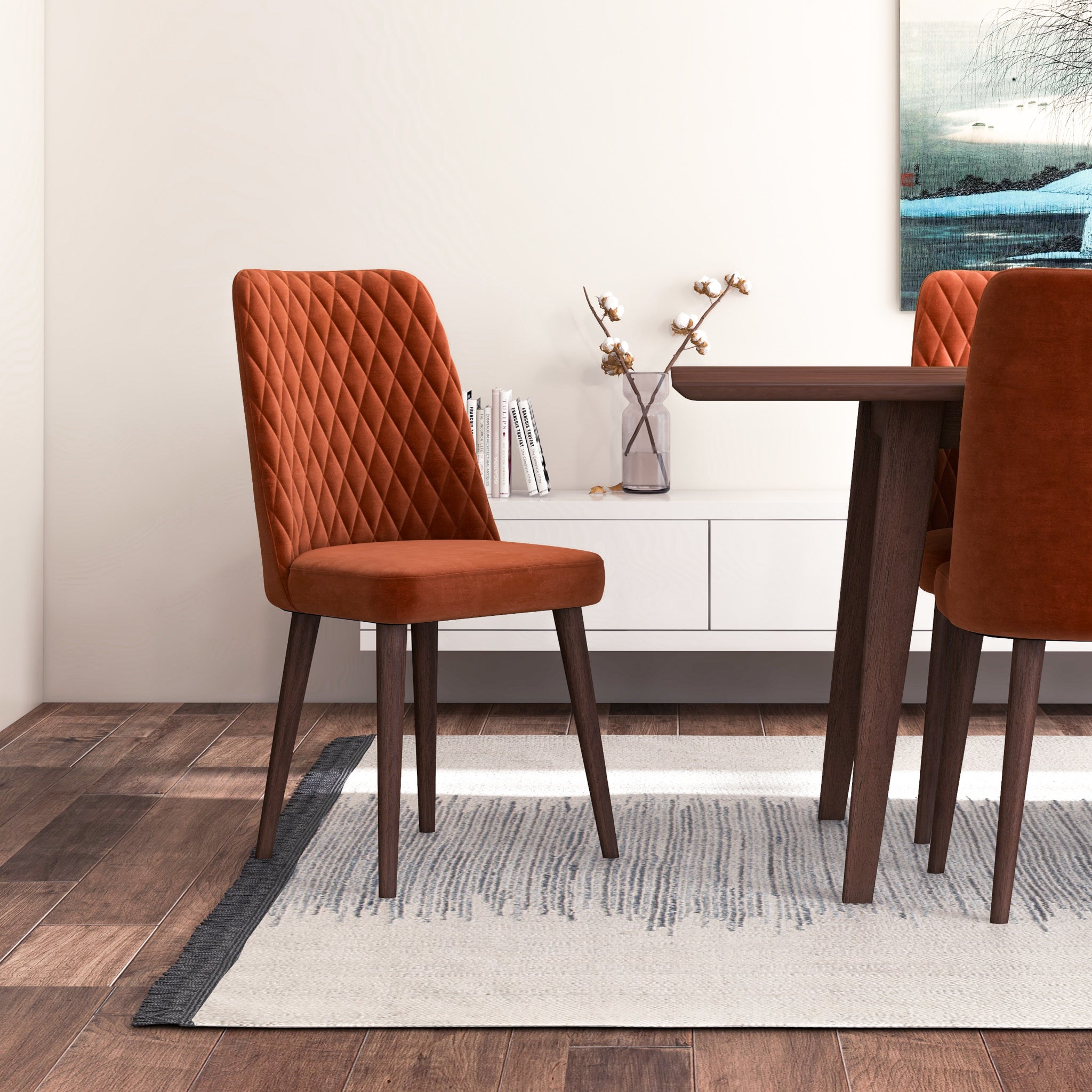 Adira (XLarge - Walnut) Dining Set with 8 Evette (Burnt Orange Velvet) Dining Chairs